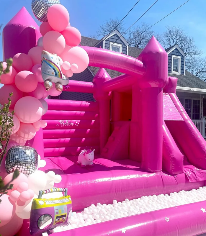 Pink Bouncy Castle With Slide White Bounce House With Ball Pit BARRYWH016