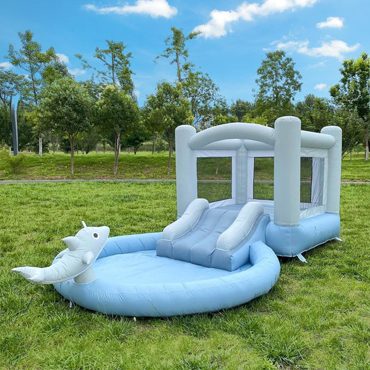 Dolphin Water Pool White Inflatable Bounce House With Ball Pit BARRYWH08